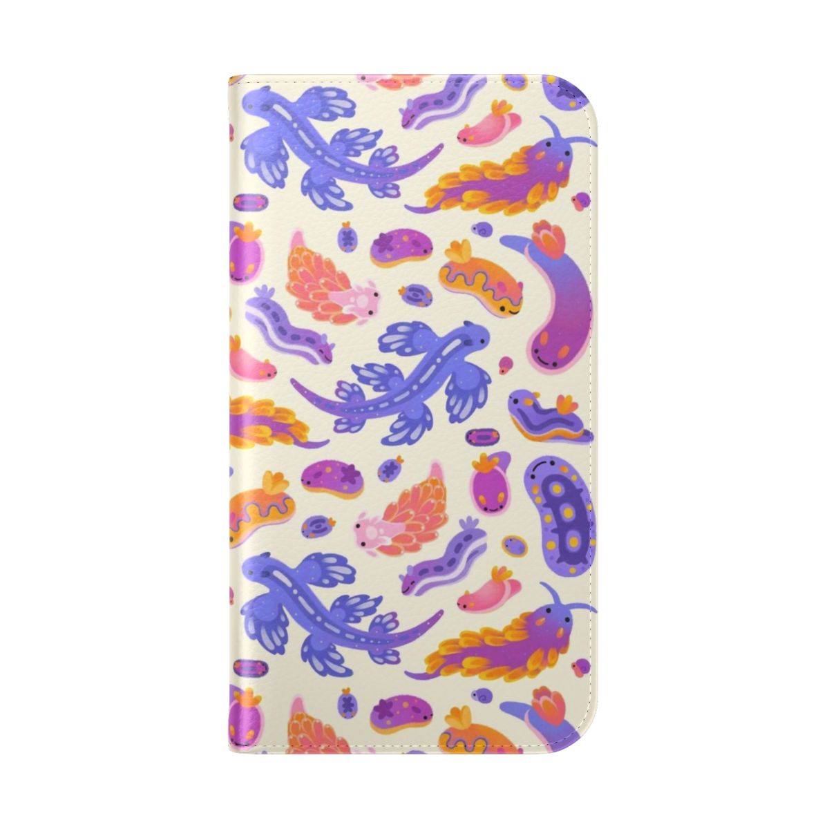 Closeup of a colorful pastel sea slug or nudibranch on a phone case - Folded Back