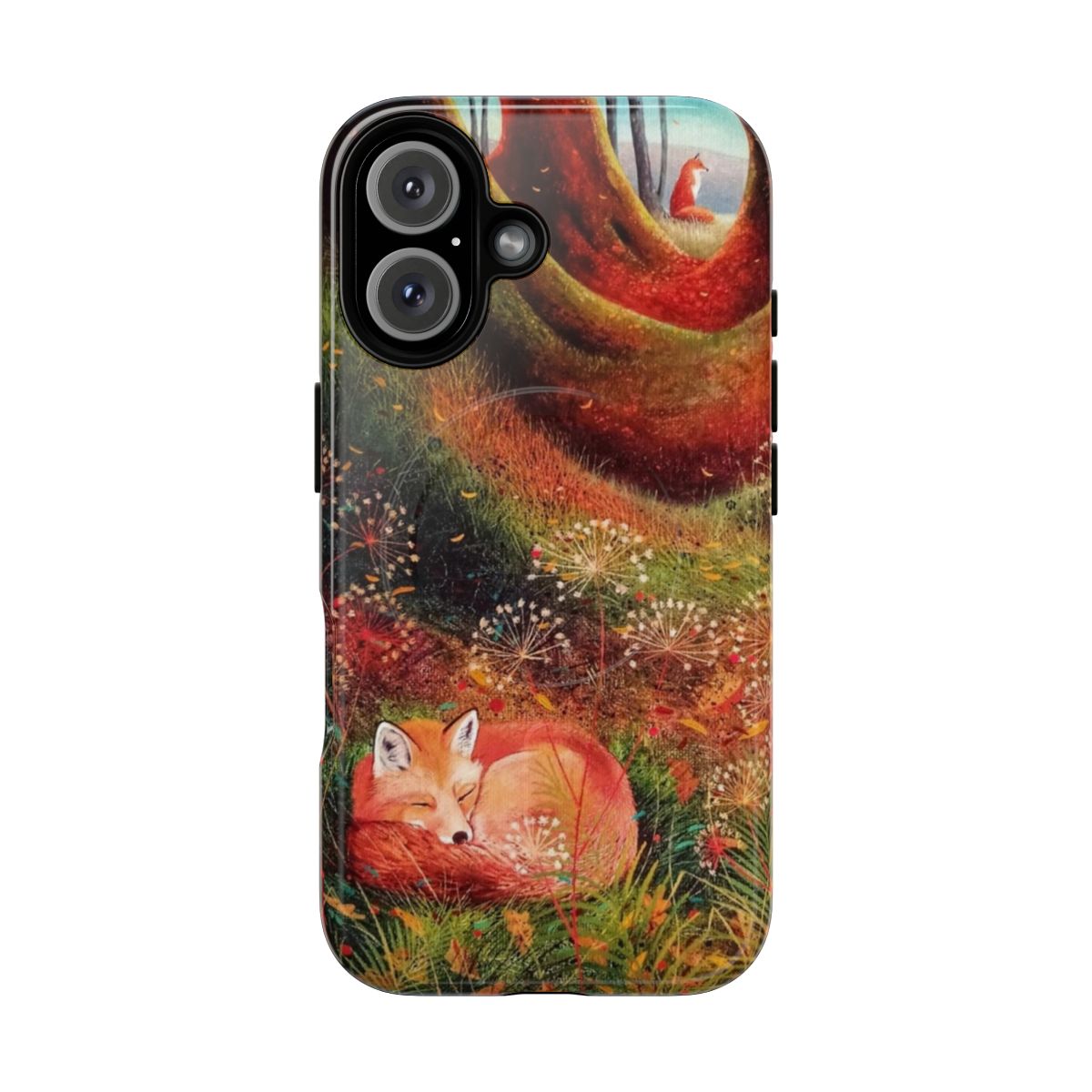 Magnetic phone case featuring a sleeping red fox in a forest environment