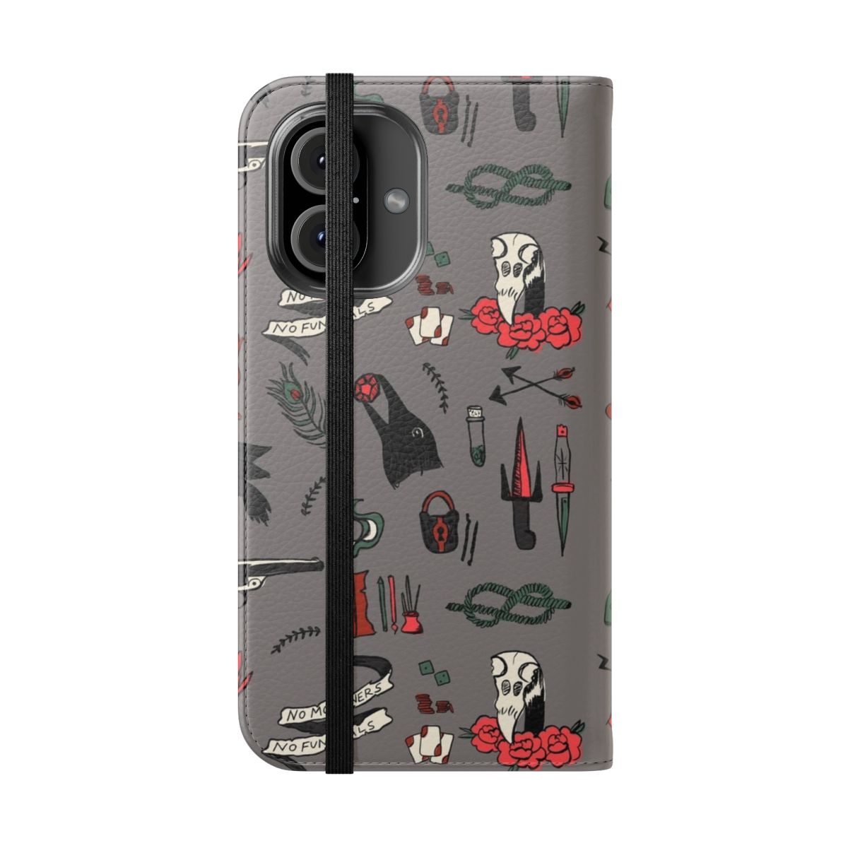 Flip cover phone case with a "No Mourners, No Funerals" design, inspired by the Six of Crows book series by Leigh Bardugo. - Folded Front