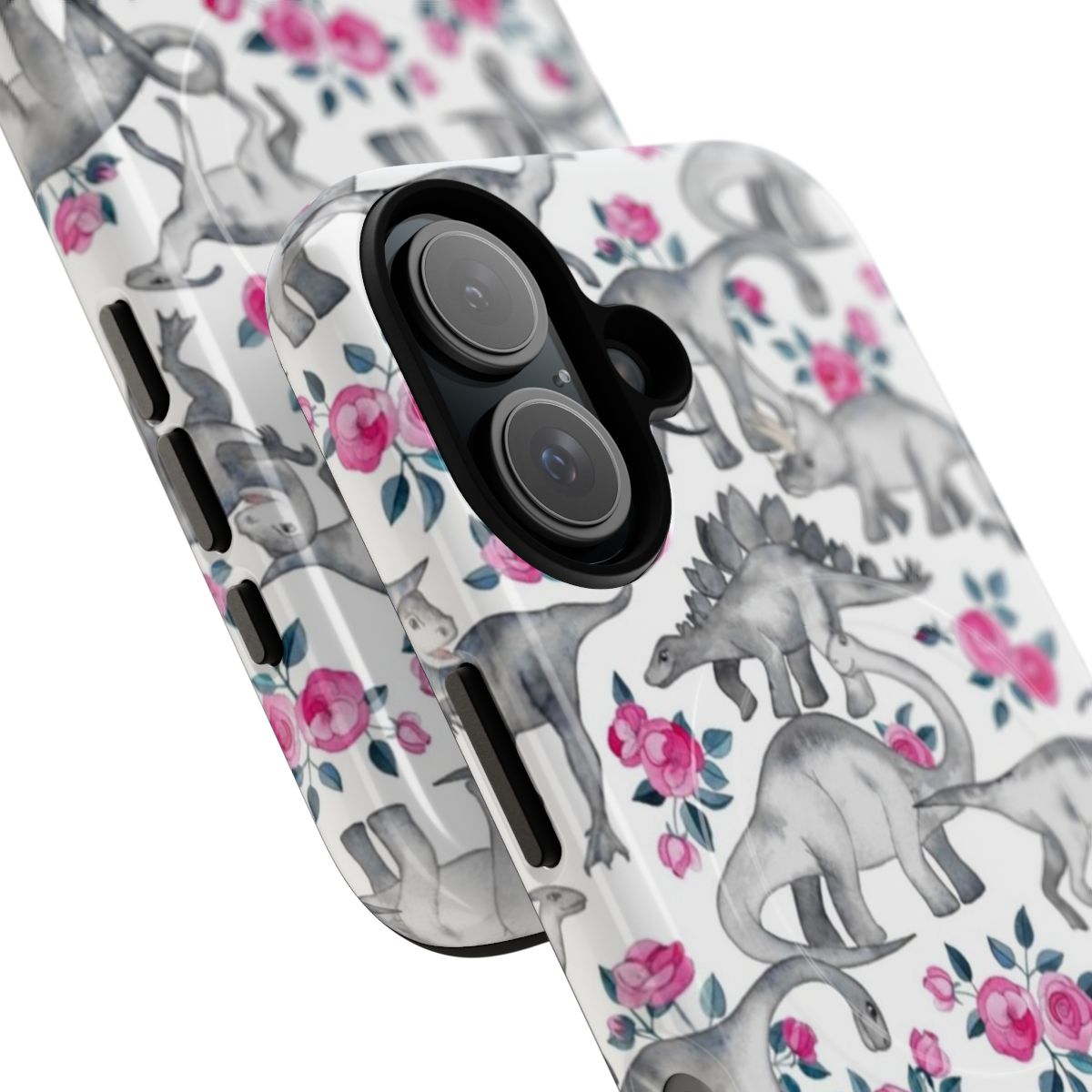 Colorful watercolor design featuring dinosaurs and roses on a white magnetic phone case - Detail