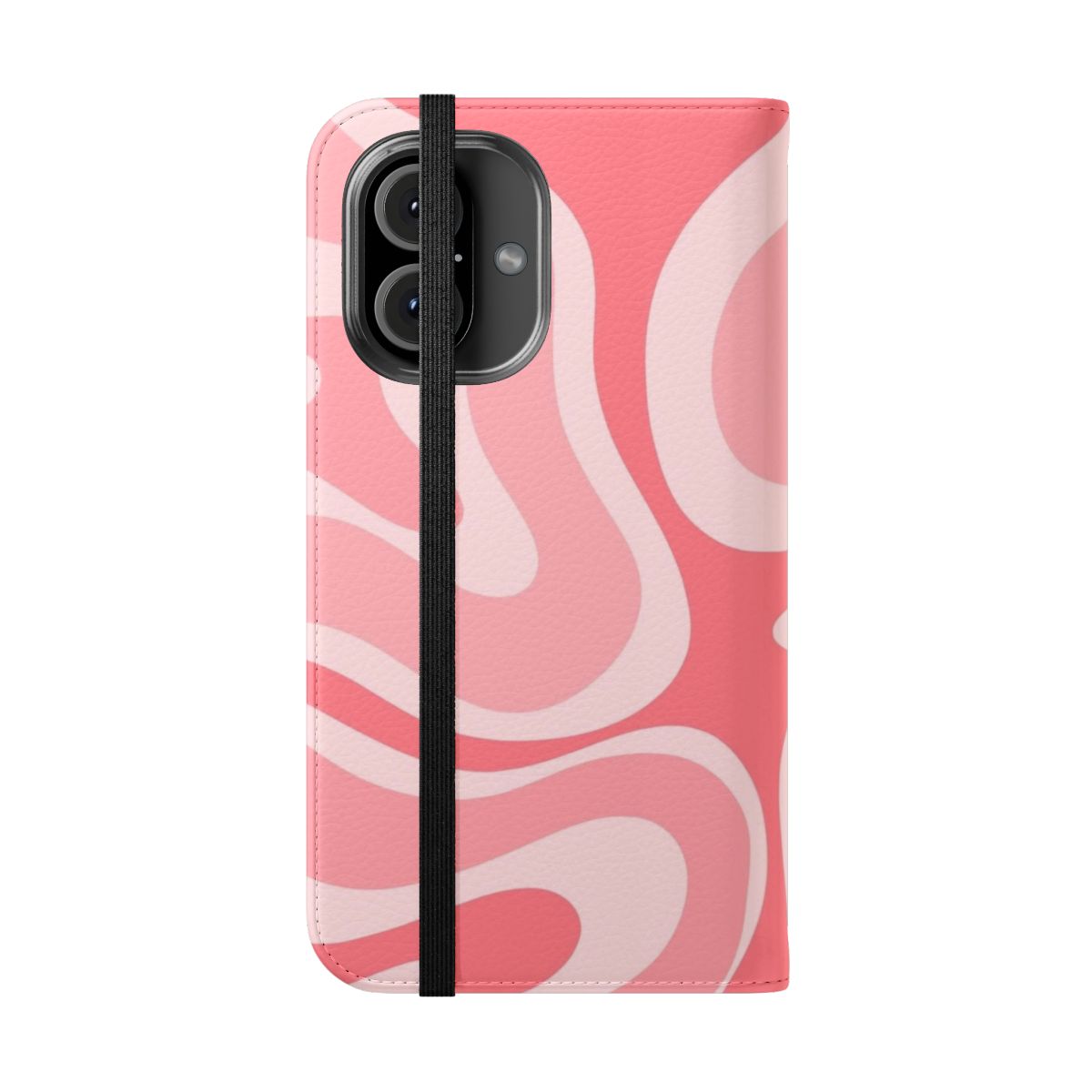 A modern and retro-inspired phone case featuring a pastel pink and blush swirl abstract design. - Folded Front