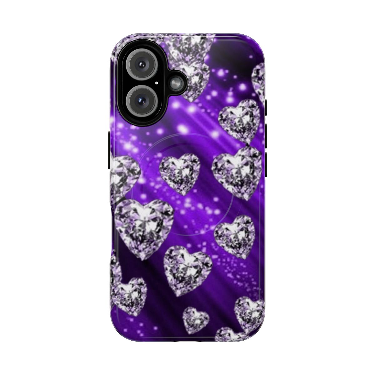 Sparkly purple phone case with diamond hearts design