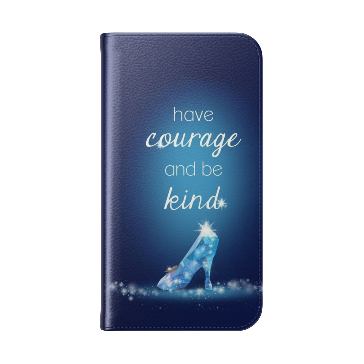 Flip cover phone case with gold typography "Have Courage" against a neutral background. - Folded Back