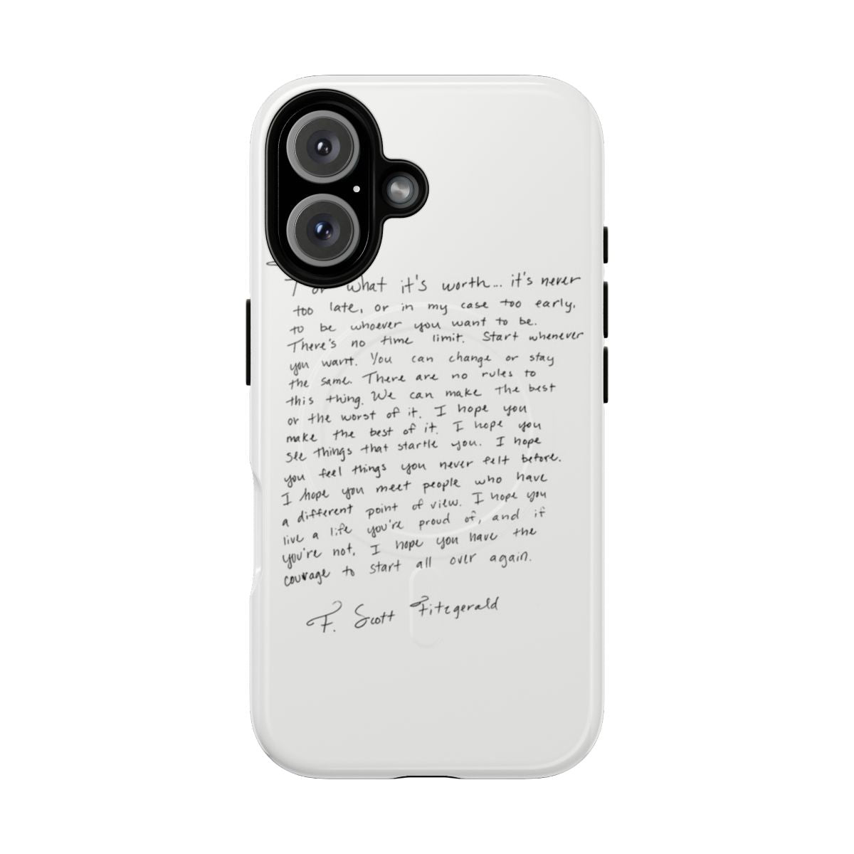 Black and white phone case with F. Scott Fitzgerald literary quote