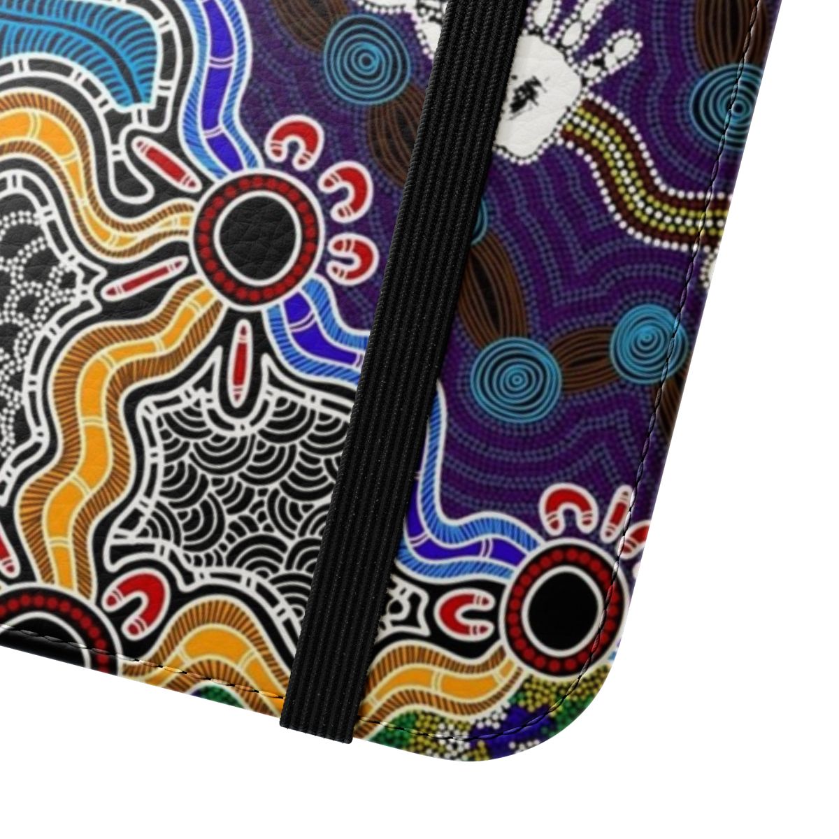 Aboriginal-inspired dreamtime art design on a flip cover phone case - Close Up