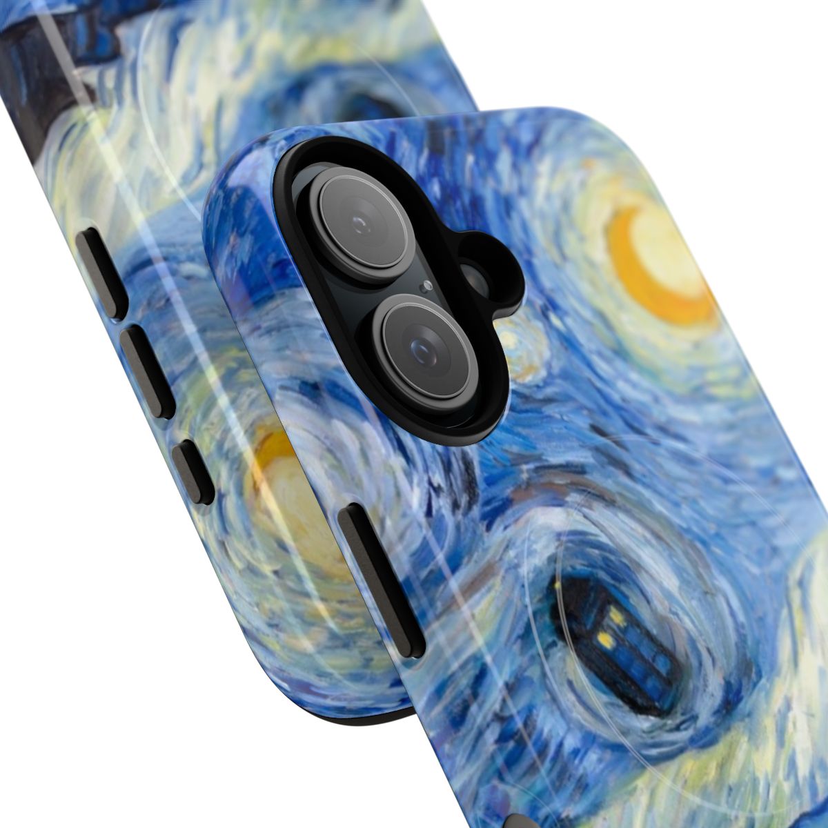 Starry night inspired magnetic tough phone case with a tardis design. - Detail