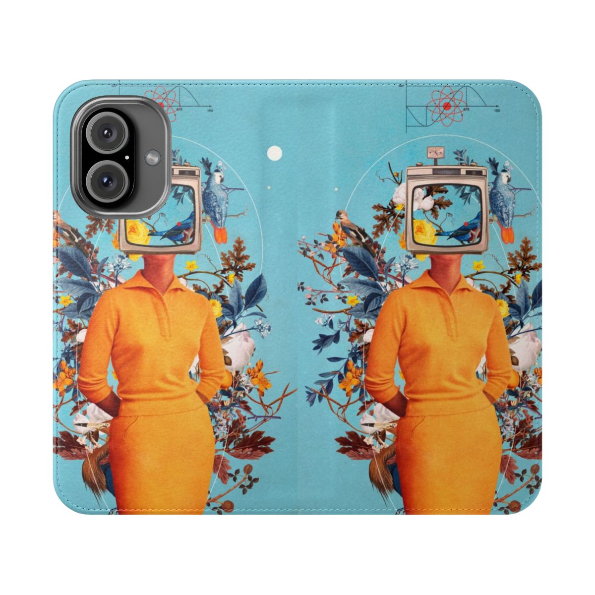 Surreal retro digital collage phone case with birds and geometric patterns