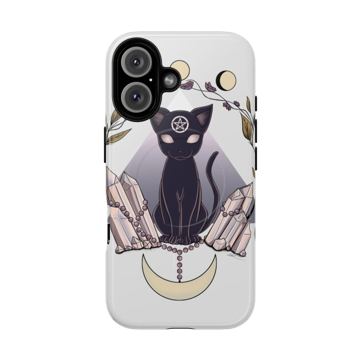 A stylish phone case featuring a black cat silhouette against a full moon, surrounded by mystic symbols and elements.