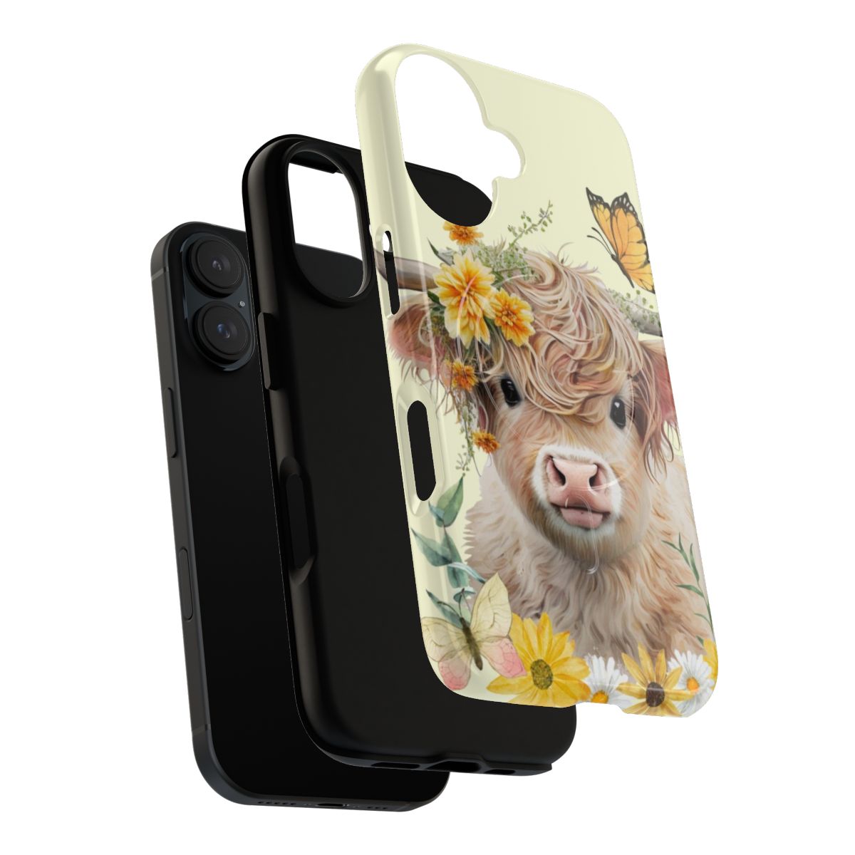 Vibrant phone case featuring a painted highland cow with a floral and butterfly design - Layers