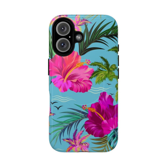 A stylish retro aloha pattern phone case featuring tropical flowers, palm trees, and surfer waves.