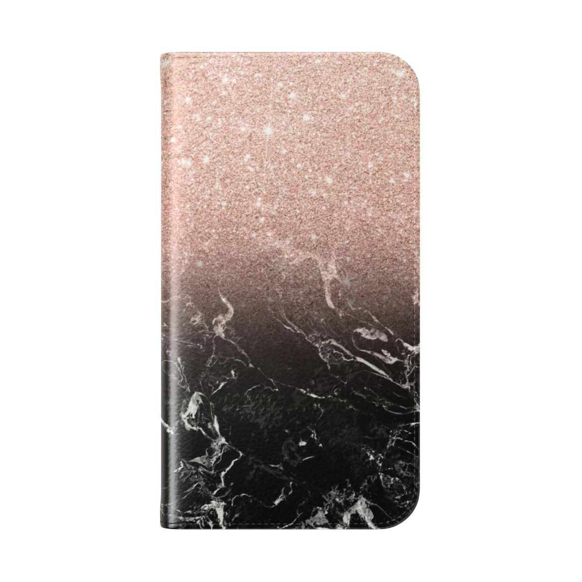 Closeup of a modern, ombre color block phone case in shades of black, rose gold, and white marble. - Folded Back