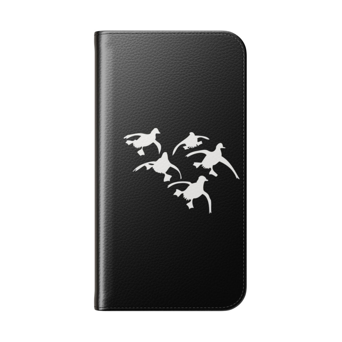 Monochrome silhouette image of flying ducks landing during a hunt, on a phone case. - Folded Back