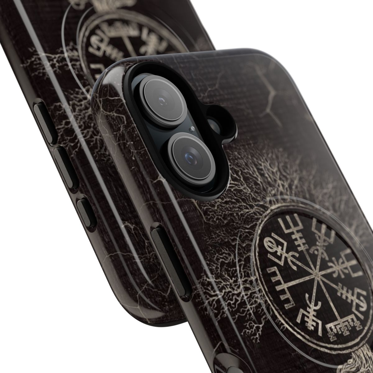 Vegvisir and Yggdrasil phone case design with runes and the tree of life - Detail