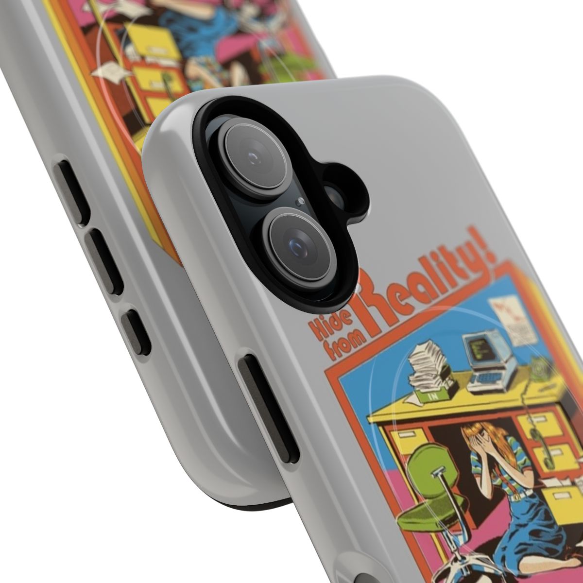 Retro phone case with vintage-inspired art depicting everyday office and adult life struggles - Detail