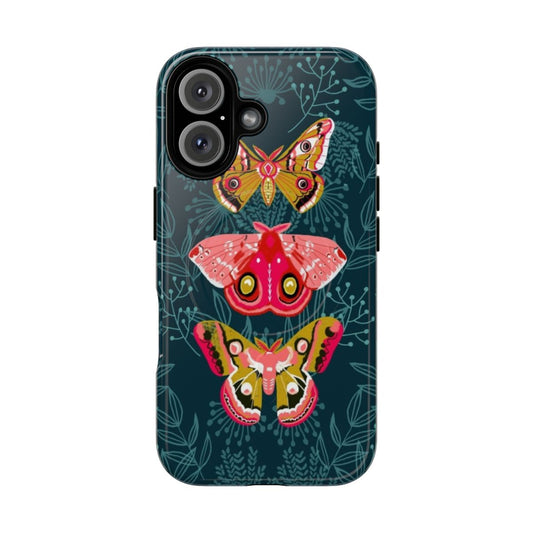 Artistic phone case featuring a vibrant moth and butterfly design against a nature-themed background.