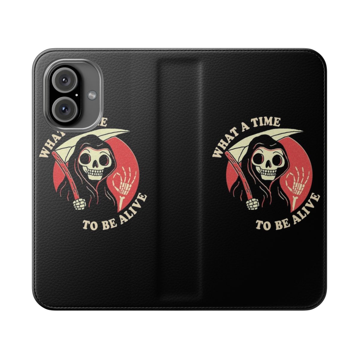 Retro vintage styled flip cover phone case with a grim reaper character design