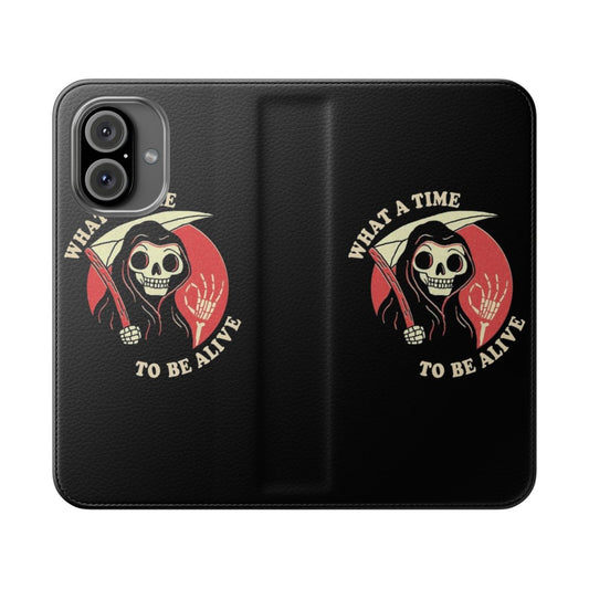 Retro vintage styled flip cover phone case with a grim reaper character design