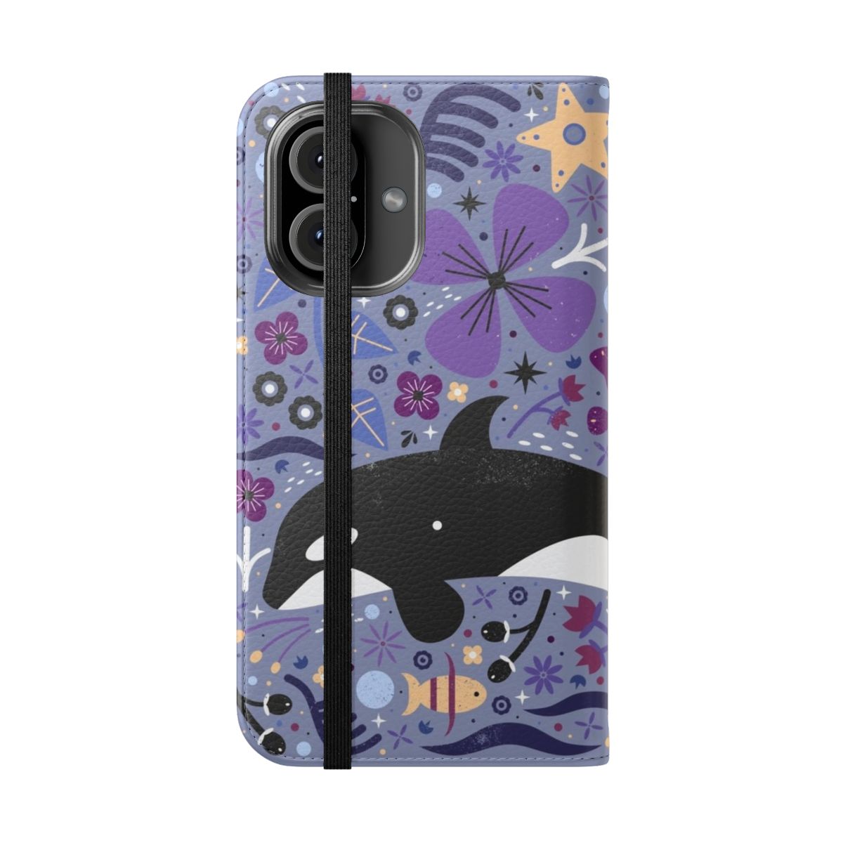 Image of a blue and white flip cover phone case featuring a vibrant, nature-inspired pattern with whales, seaweed, and coral. - Folded Front