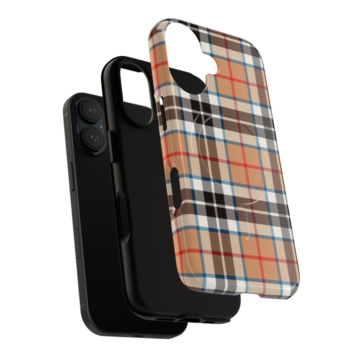 Tartan patterned phone case with magnetic closure and durable construction - Layers