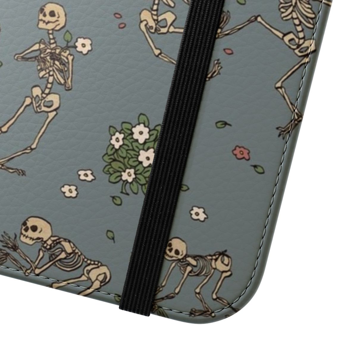 Image of a phone case featuring a design with skeletons and floral garlands. - Close Up