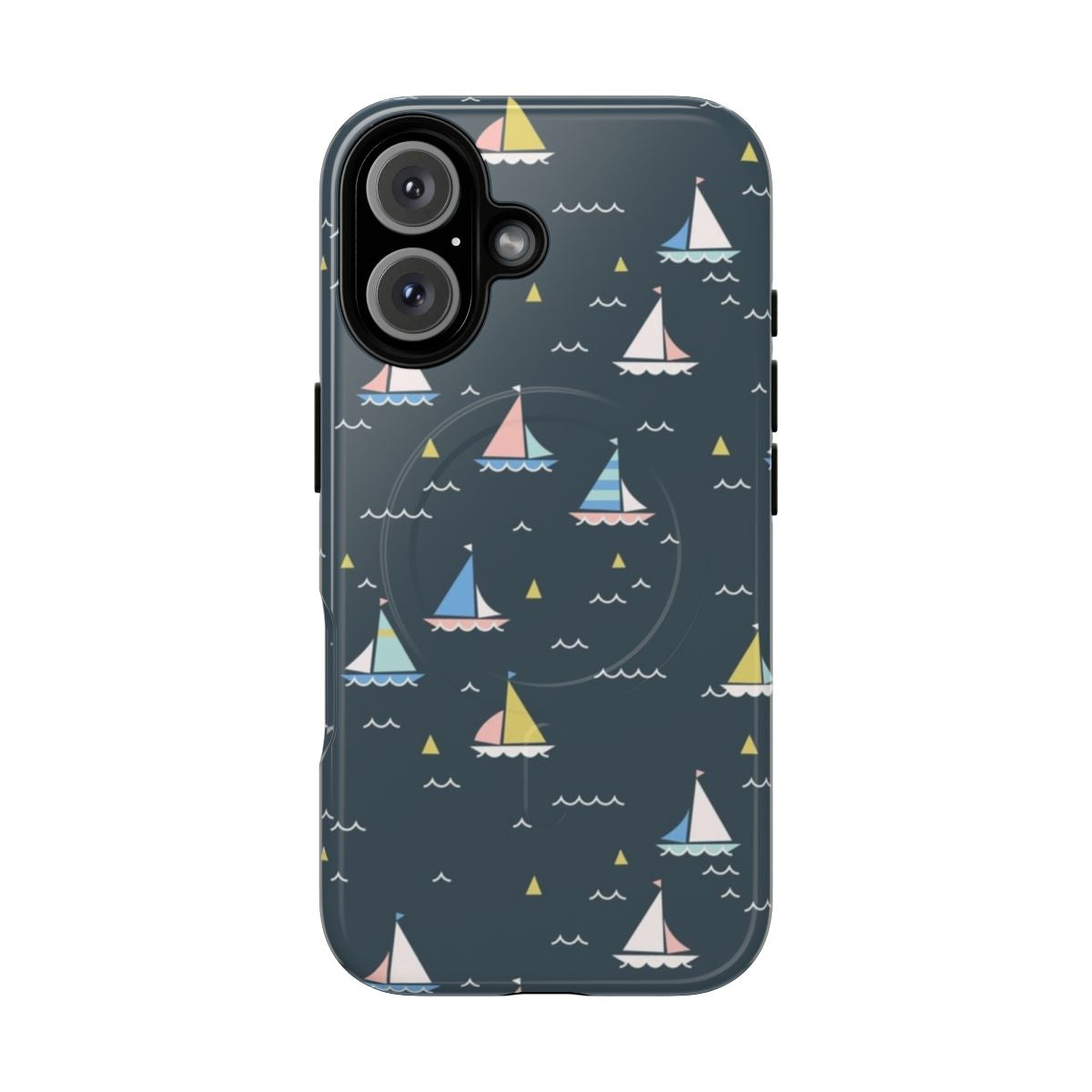 Small sailing boats on a dark gray background, creating a minimalist pattern for a phone case.