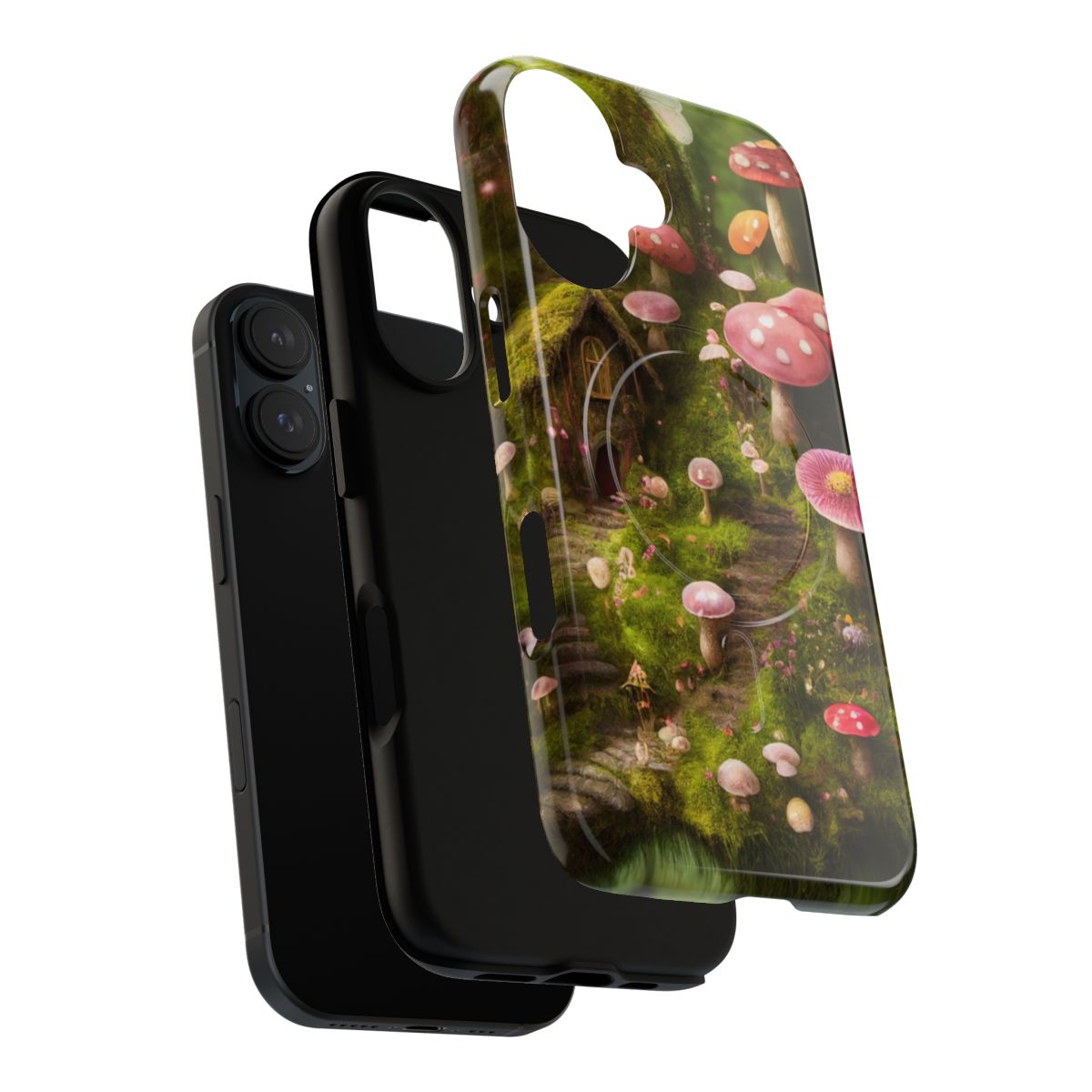 Fairy house phone case with a magical, fantastical design featuring mushrooms, forests, and fairy elements. - Layers