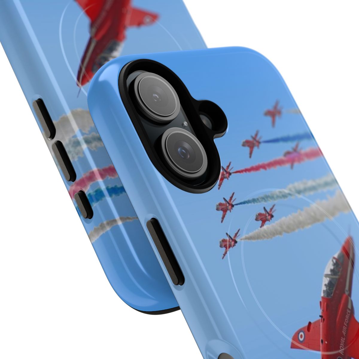 Tough phone case featuring the iconic Red Arrows aircraft display team - Detail