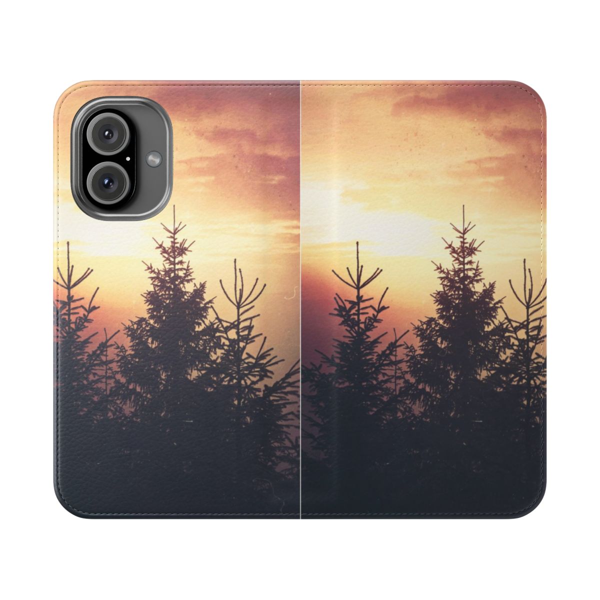 Flip cover phone case featuring a romantic forest scene with trees, sunset, and warm sunlight