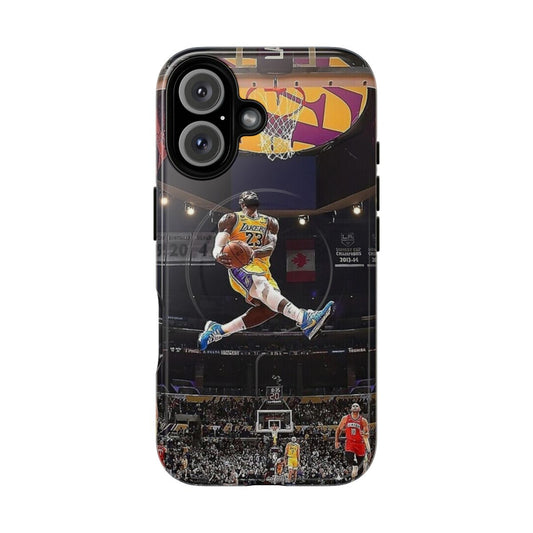 A basketball-themed phone case featuring a graphic design of a player dunking.