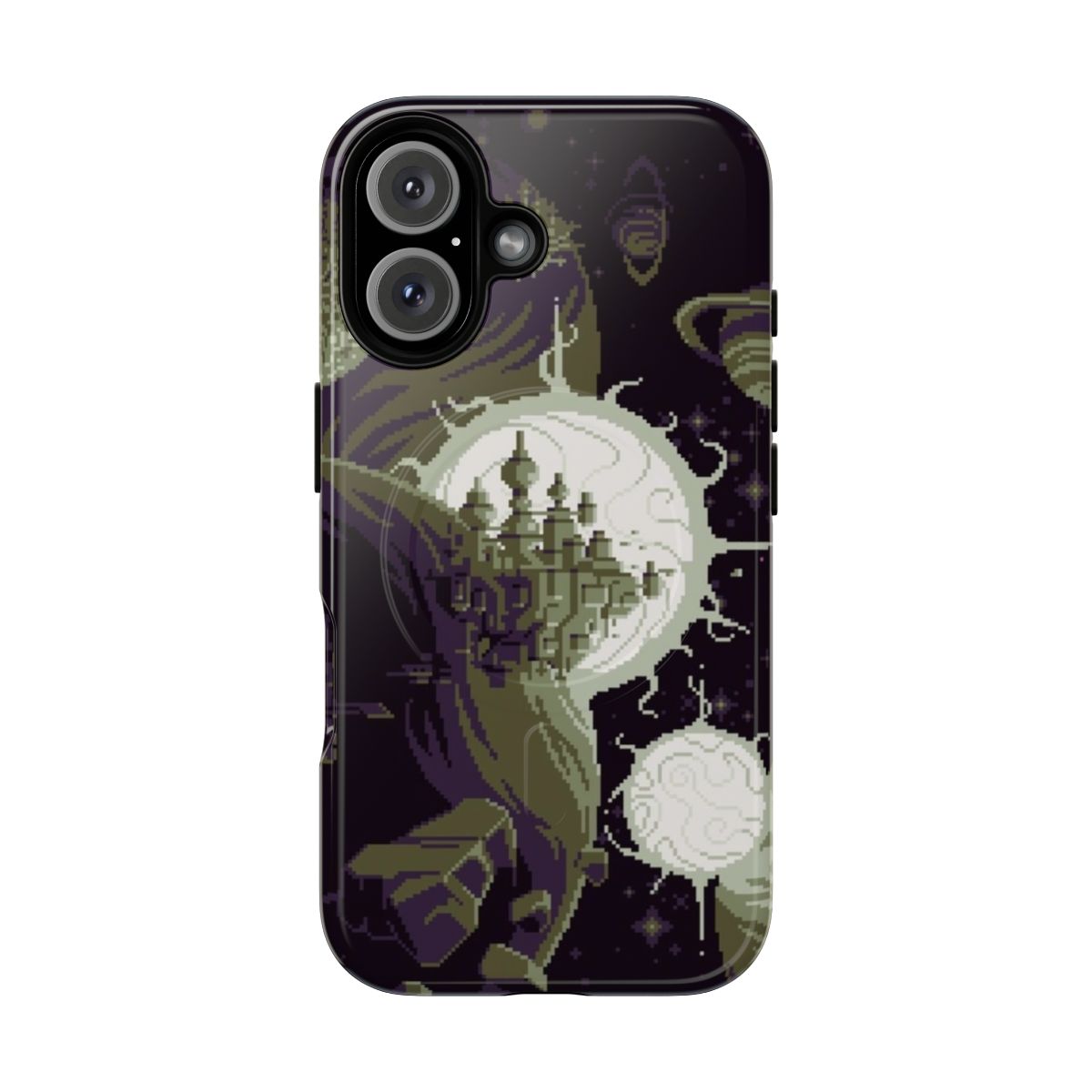 Pixel art space-themed tough phone case with vibrant colors and designs