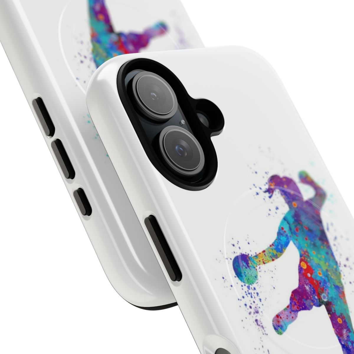 Colorful watercolor silhouette of a handball player on a phone case. - Detail