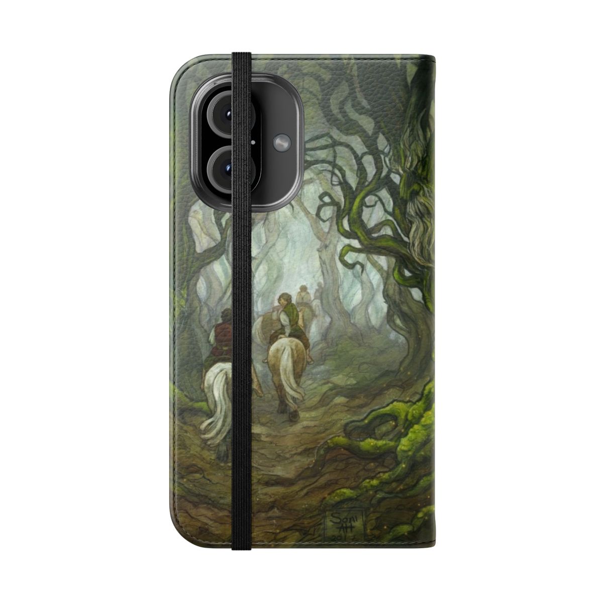 A phone case featuring a design inspired by the old forest, moss, and trees from the Lord of the Rings universe. - Folded Front