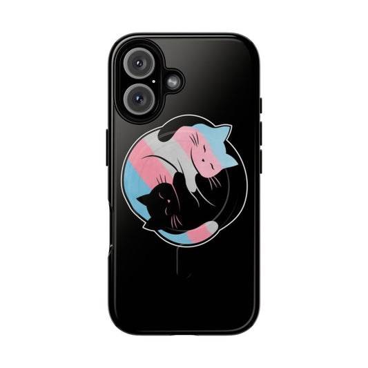 A magnetic protective phone case featuring a yin yang cat design in transgender pride colors.