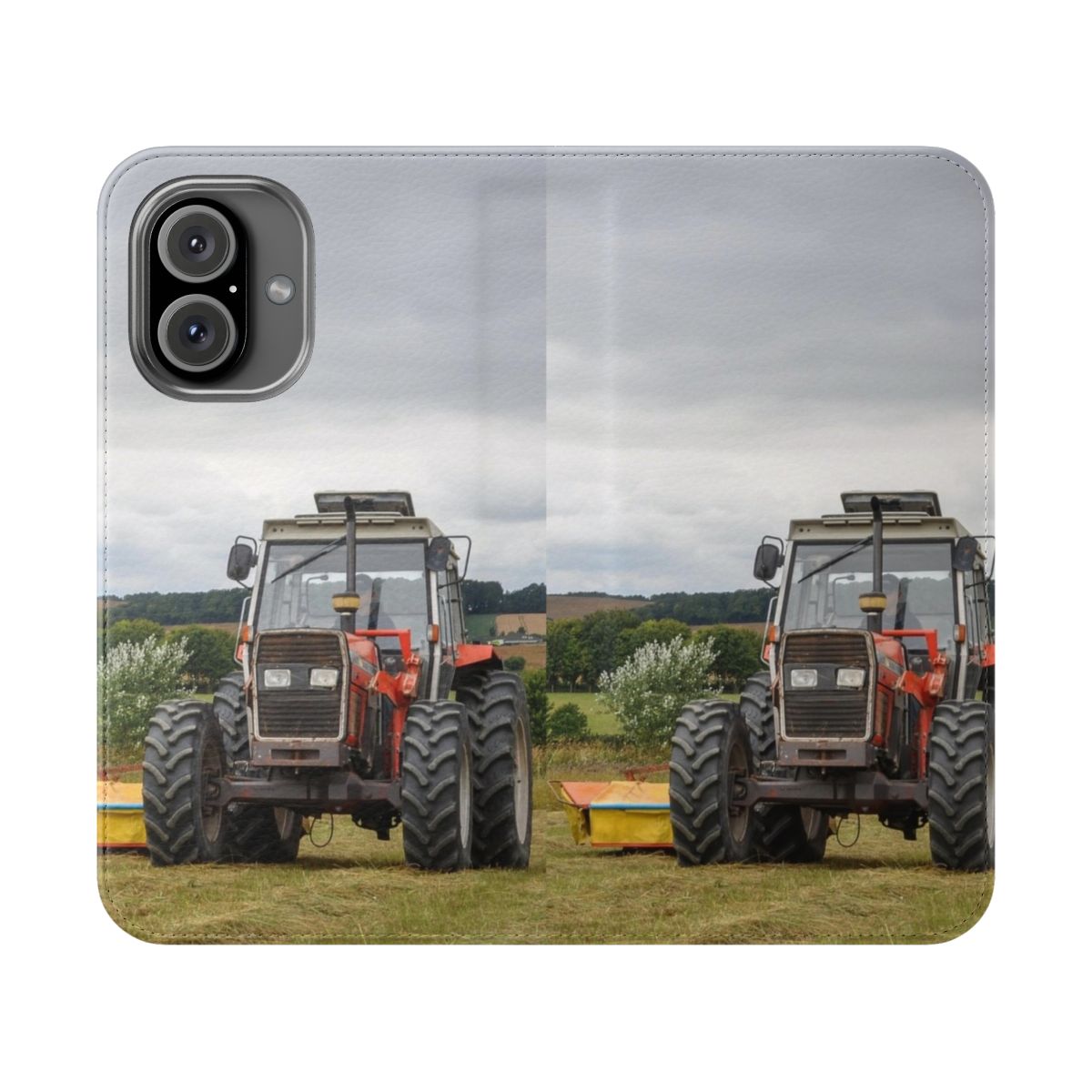 Mowing Flip Cover Phone Case featuring a tractor in a countryside landscape