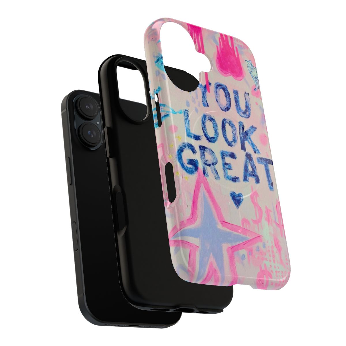 A pink phone case featuring a collage design with hearts and the text "You Look Great" - Layers