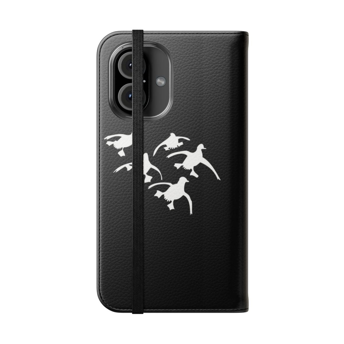 Monochrome silhouette image of flying ducks landing during a hunt, on a phone case. - Folded Front