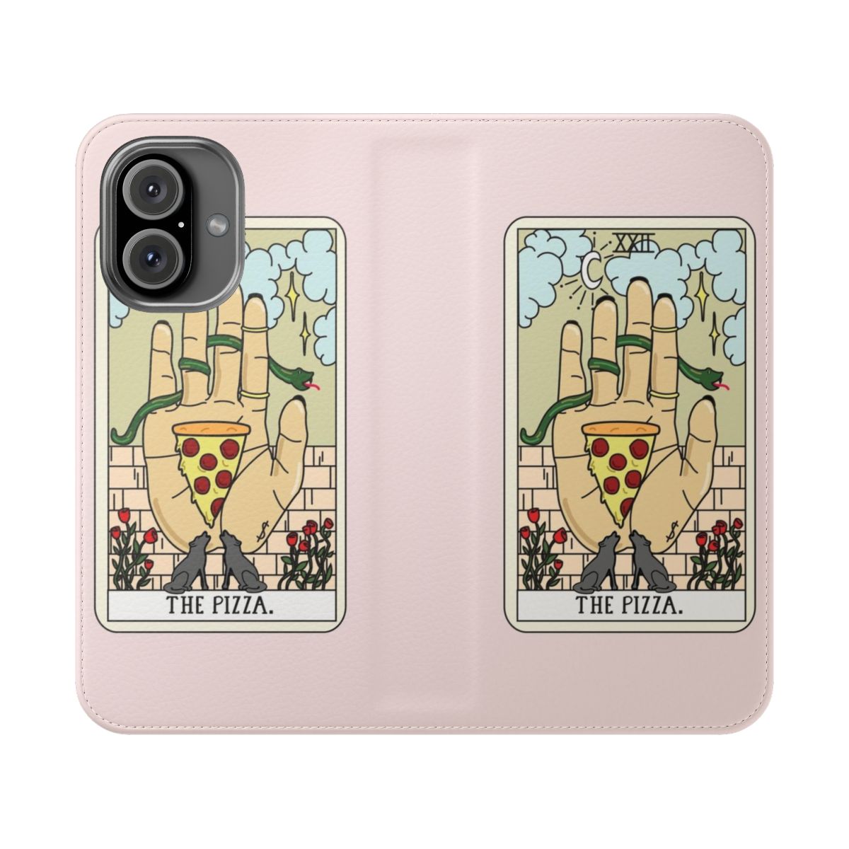 Mystical pizza reading flip cover phone case with tarot, moon, and stars design