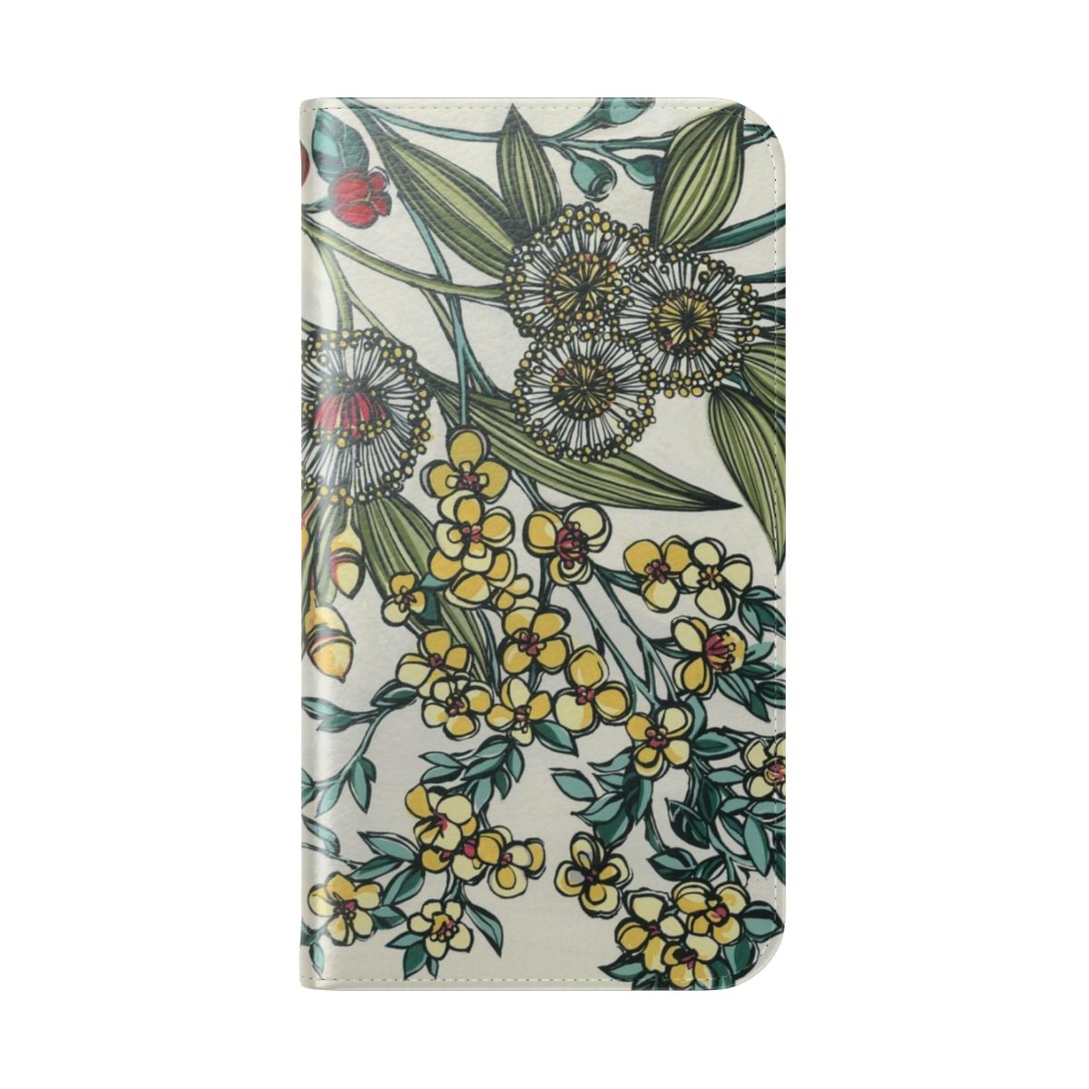 Handpainted retro phone case featuring Australian native flowers like wattle and gumflowers - Folded Back