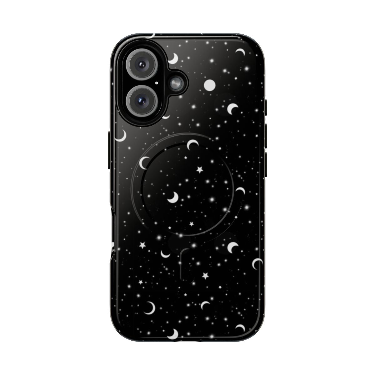 A stylish black phone case featuring a galaxy, space, and celestial pattern design.