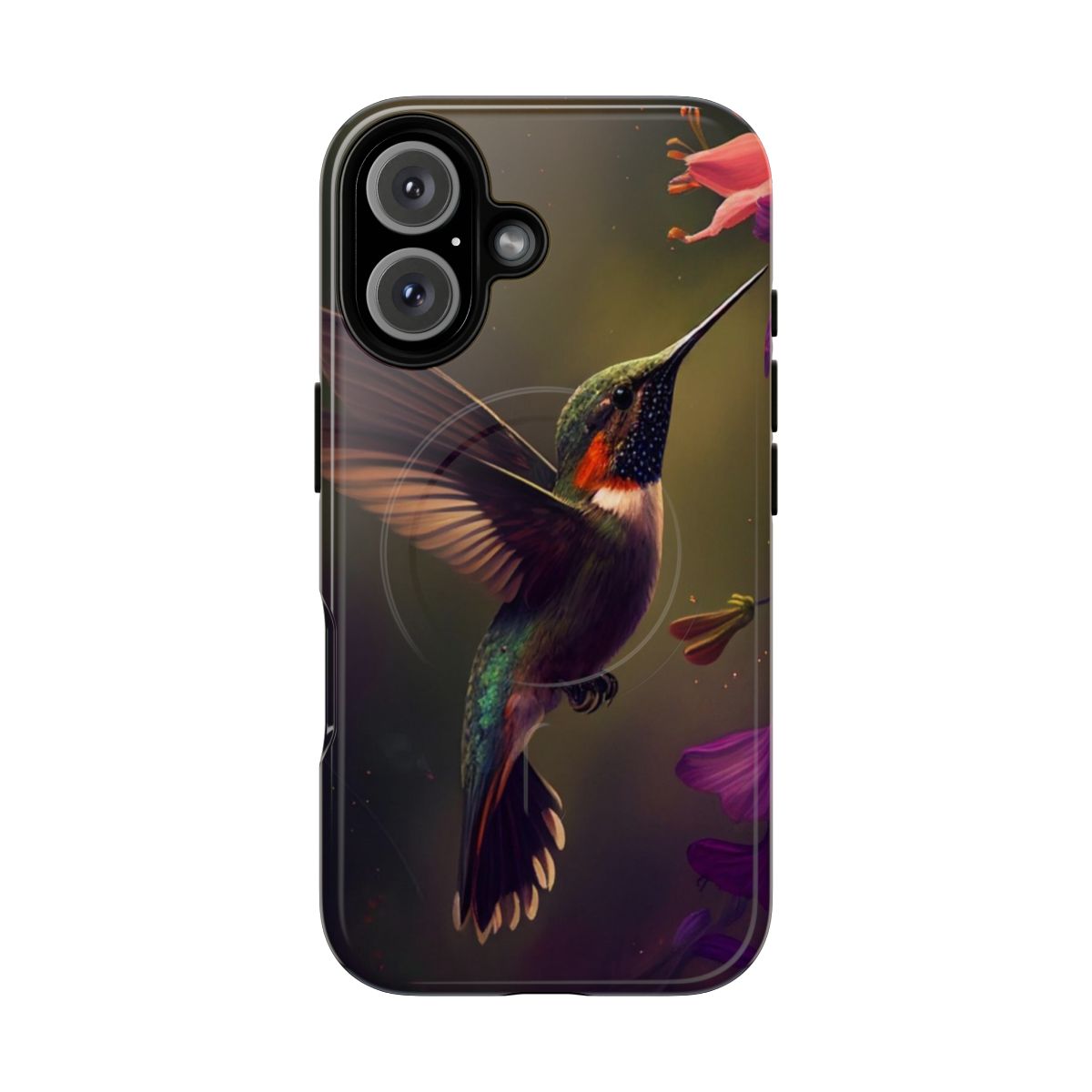 Closeup of a colorful hummingbird on a smartphone case