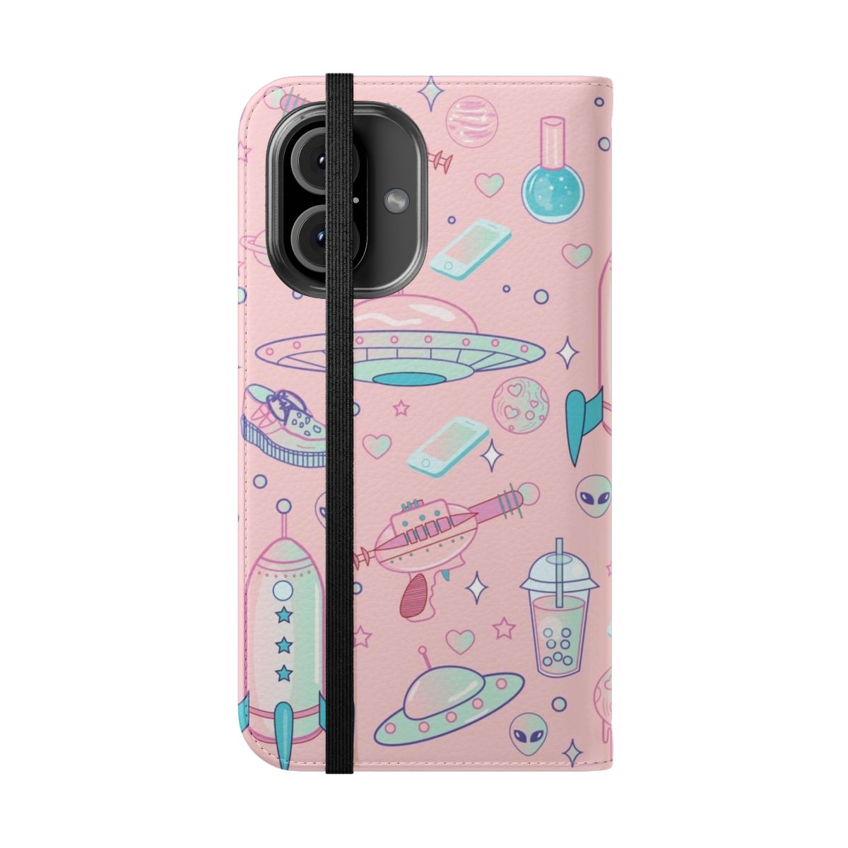 Pastel goth-inspired phone case with a cute galaxy and alien pattern design - Folded Front