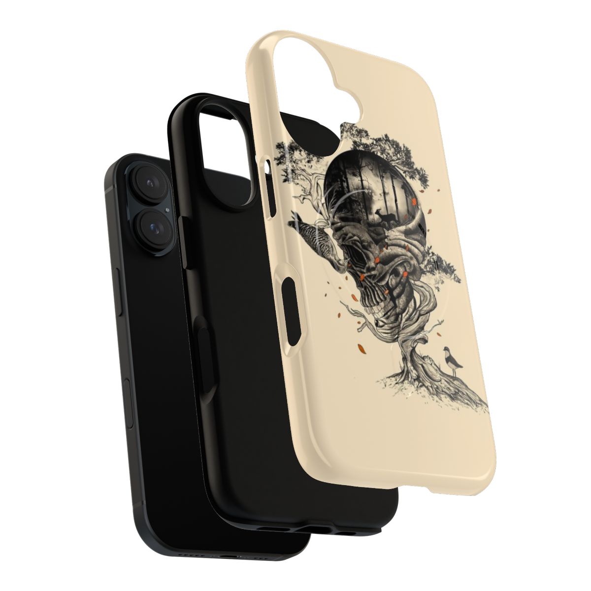 Surreal nature-inspired phone case with abstract floral, bird, and deer designs in black, white, and red - Layers