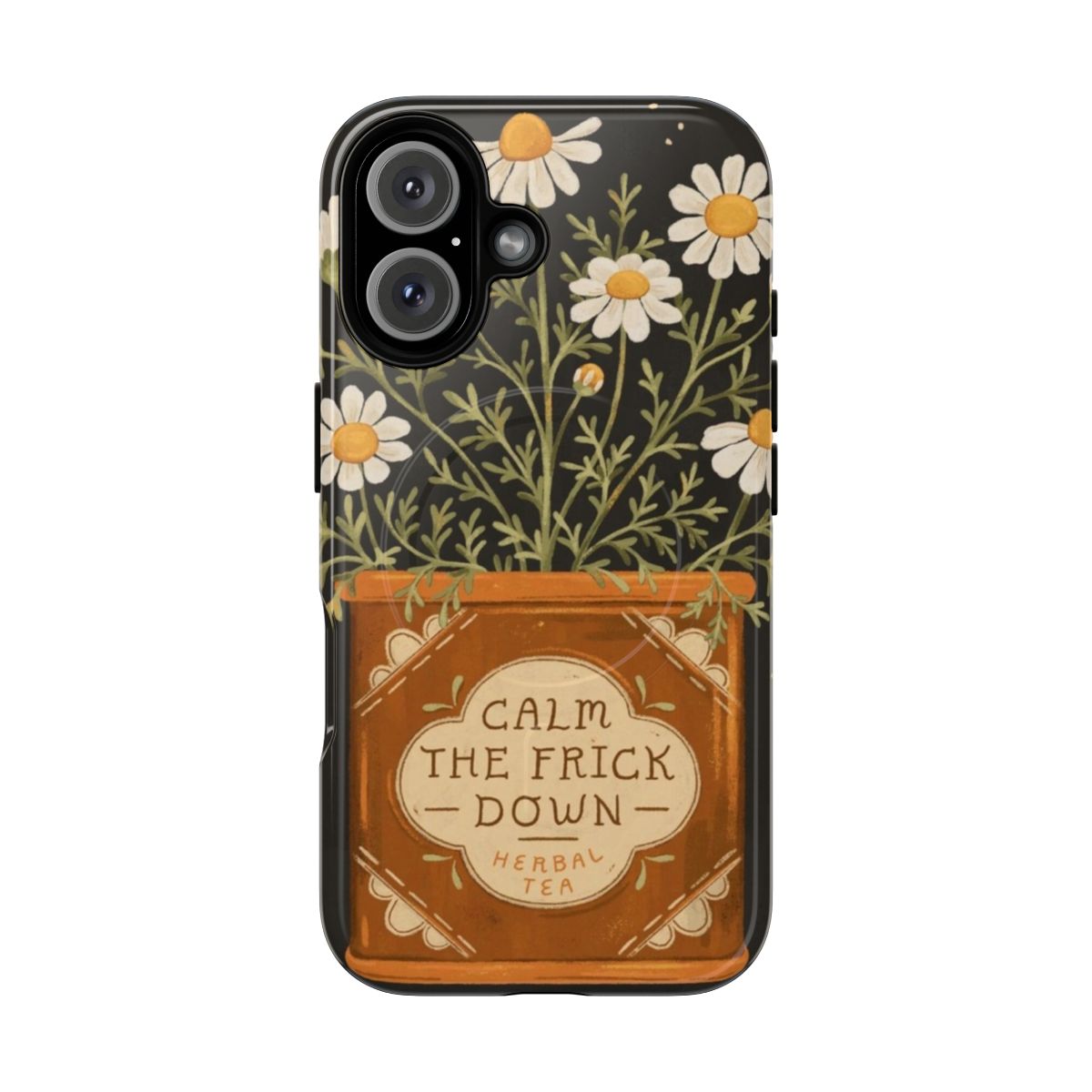 Chamomile tea-inspired magnetic phone case with floral and botanical design