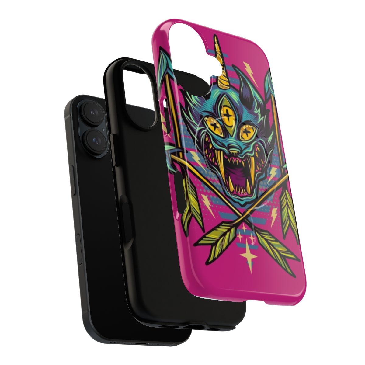 Surreal digital art phone case featuring a bizarre cat-like creature with arrows and a unicorn horn - Layers