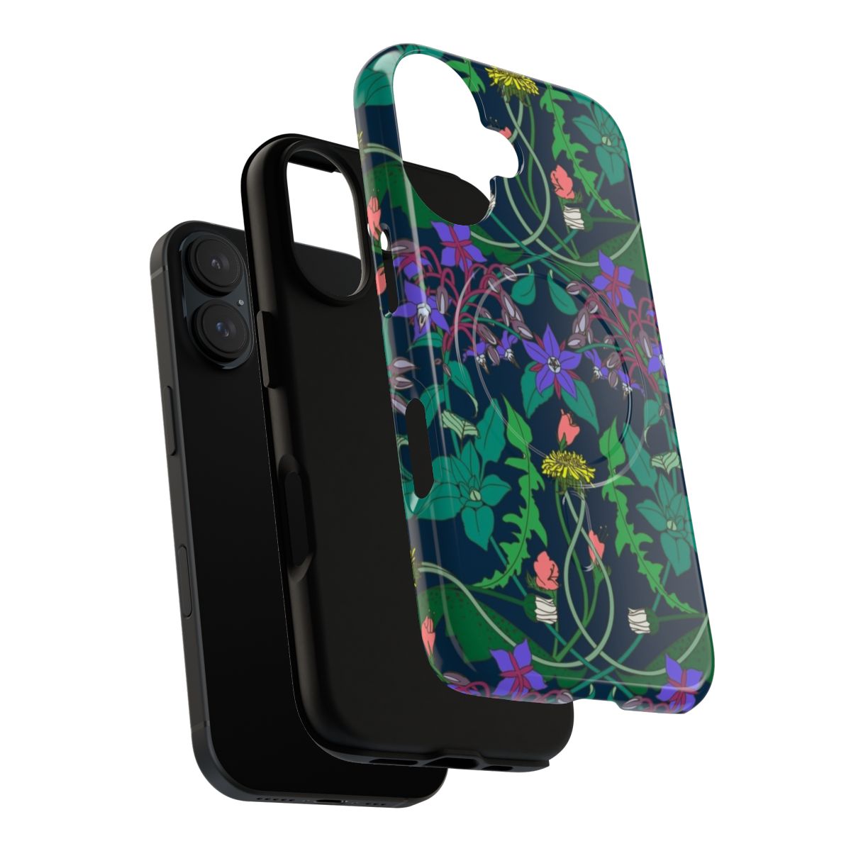 Vibrant floral phone case design featuring a pattern of dandelions, daisies, and other wildflowers. - Layers