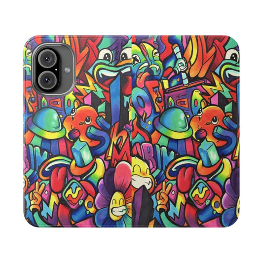 Vibrant galactic-themed doodle design on a flip cover phone case