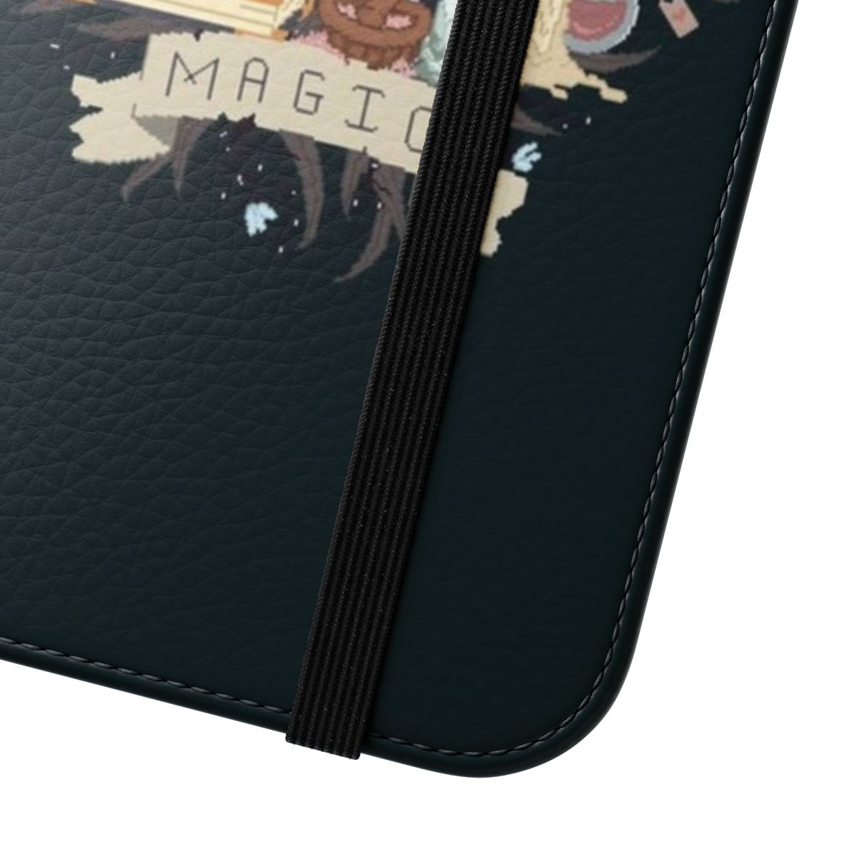 Pixelated phone case with a magical cauldron and occult symbols - Close Up