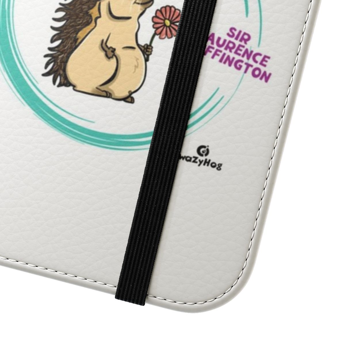 Hedgehog character on a flip phone case with floral and nature elements - Close Up