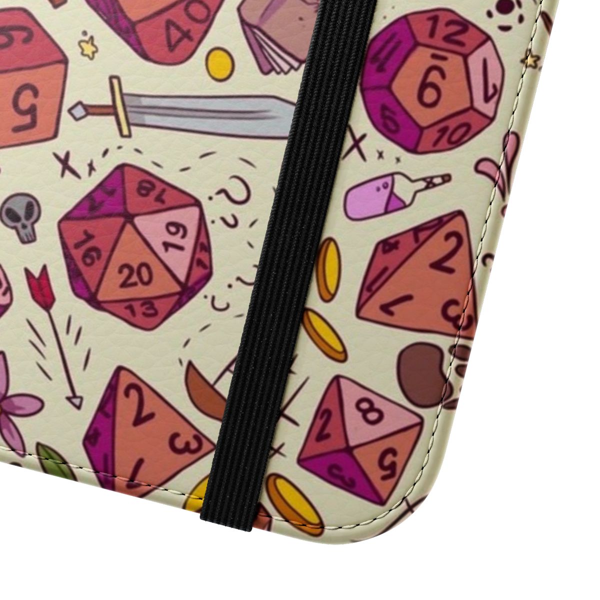 Flip cover phone case with a dice-themed design, ideal for fantasy and roleplaying game enthusiasts. - Close Up