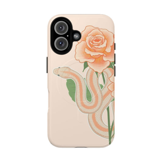 Colorful phone case featuring a rosy boa snake and roses on a nature-inspired background